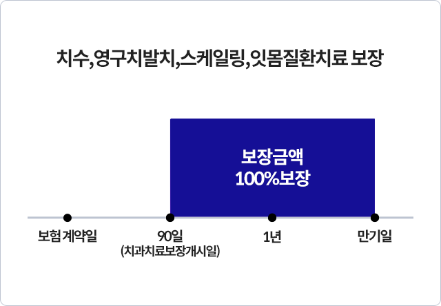 치수, 영구치발치, 스케일링, 잇몸질환치료 보장 - 보험 계약일 90일(치과치료보장개시일)~만기일: 보장금액 100% 보장