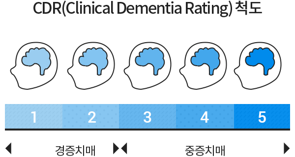 CDR(Clinic Denmentia Rating) 척도. 1-2 경증치매, 3-5 중증치매