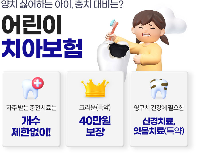 양치 싫어하는 아이, 충치 대비는? 어린이 치아보험. 자주 받는 충전치료는 개수 제한없이, 크라운(특약) 40만원 보장, 영구치 건강에 필요한 신경치료, 잇몸치료(특약)