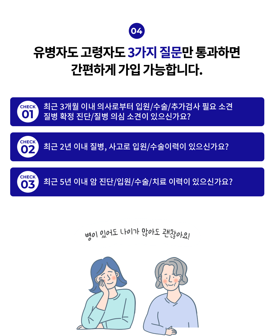 유병자도 고령자도 3가지 질문만 통화하면 간편하게 가입 가능합니다. CHECK1. 최근 3개월 이내 의사로부터 입원/수술/추가검사 필요 소견/질병 확정 진단/질병 의심 소션이 있으신가요? CHECK2. 최근 2년 이내 질병, 사고로 입원/수술이력이 있으신가요? CHECK3. 최근 5년 이내 암 진단/입원/수술/치료 이력이 있으신가요? 병이 있어도 나이가 많아도 괜찮아요!