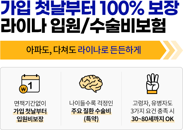 가입 첫날부터 100% 보장 라이나 입원/수술비보험. 아파도, 다쳐도 라이나로 든든하게. 면책기간없이 가입 첫날부터 입원비보장, 나이들수록 걱정인 주요 질환 수술비(특약), 고령자, 유병자도 3가지 요건 충족 시 30~80세까지 OK